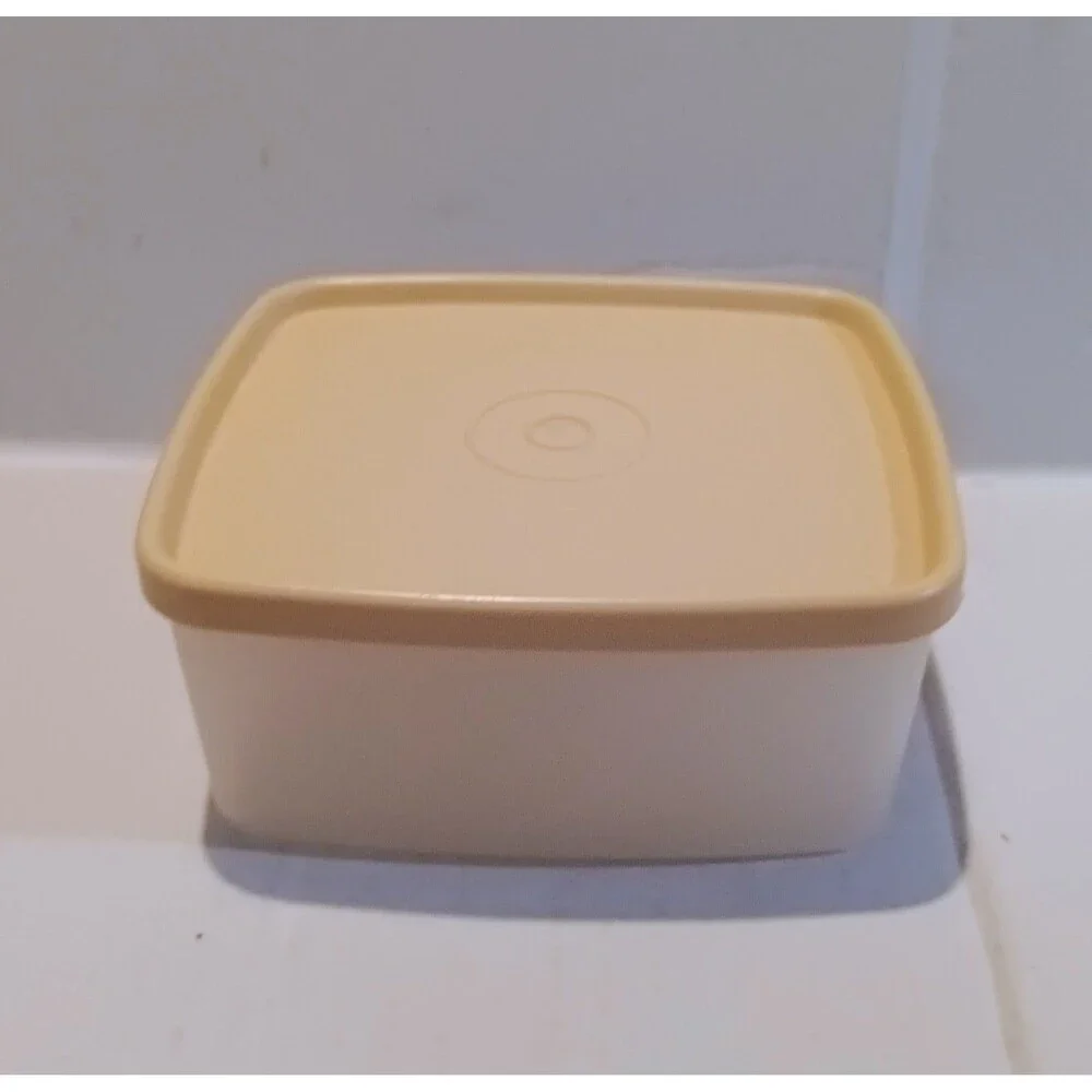 Vintage Tupperware Square Storage Containers W/ Lid-Lot Of 2-Clear & Tan